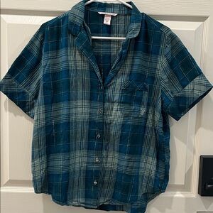 Victoria's Secret Teal Navy Plaid Short Sleeve Button-Up Sleepwear Women Medium